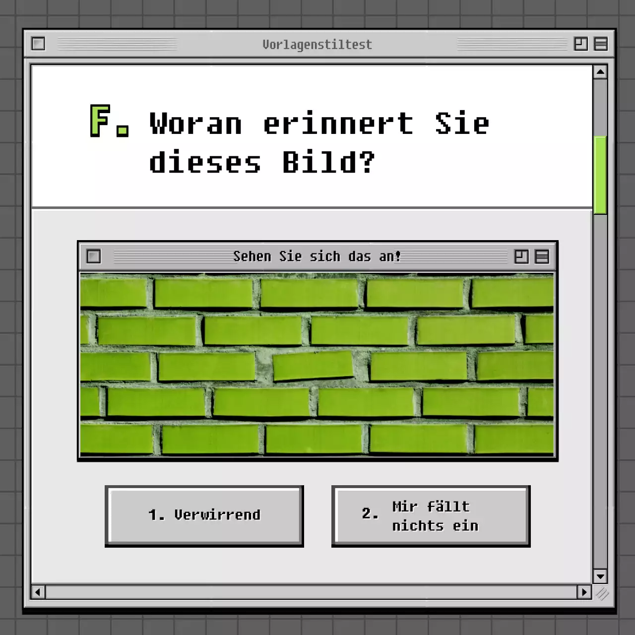 Retro-Browser-Konzept Psychologie-Test in Grau und Grün