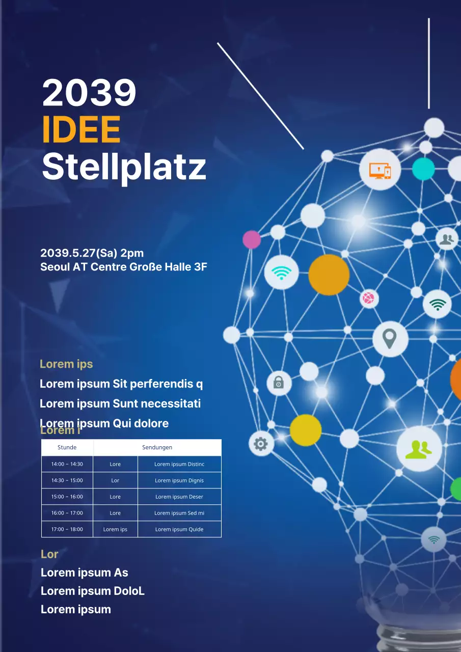 Ein bunter, blauer Flyer für ein Geschäftsseminar