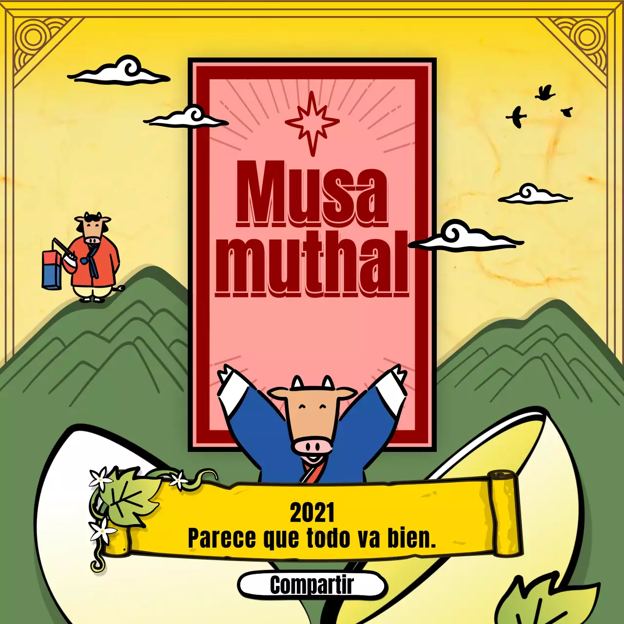 Adivinación del Año Nuevo con la tradicional ilustración del personaje de la vaca amarilla