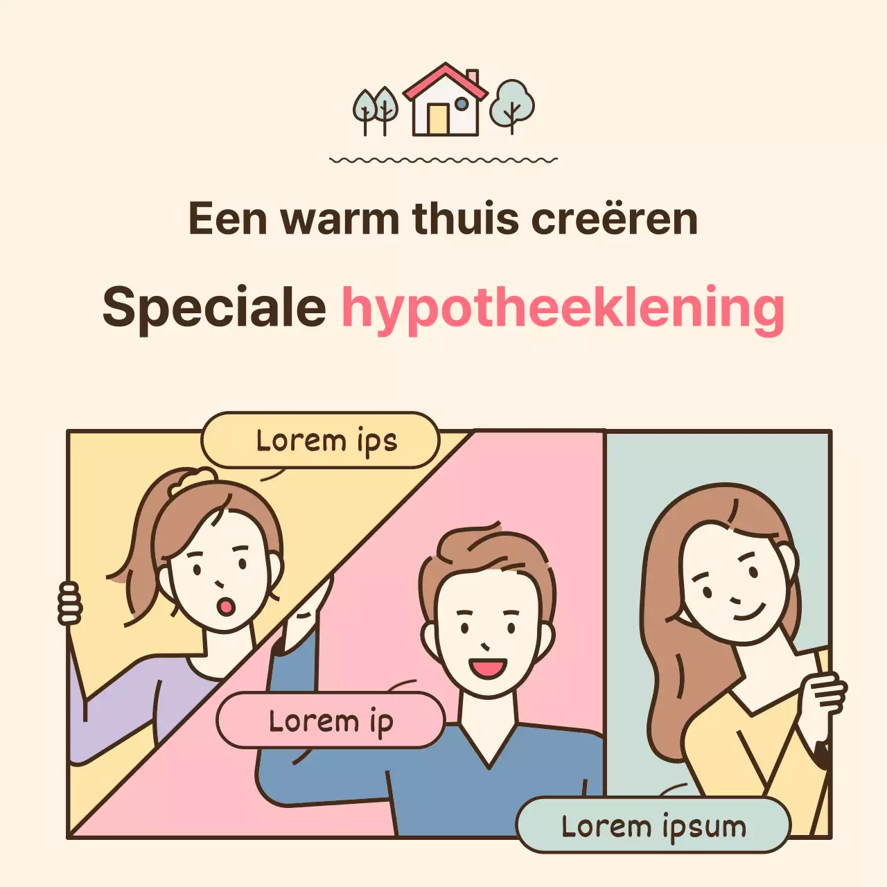 Uitgelichte illustraties in gele en roze pastelkleuren Gids voor speciale hypotheekleningen