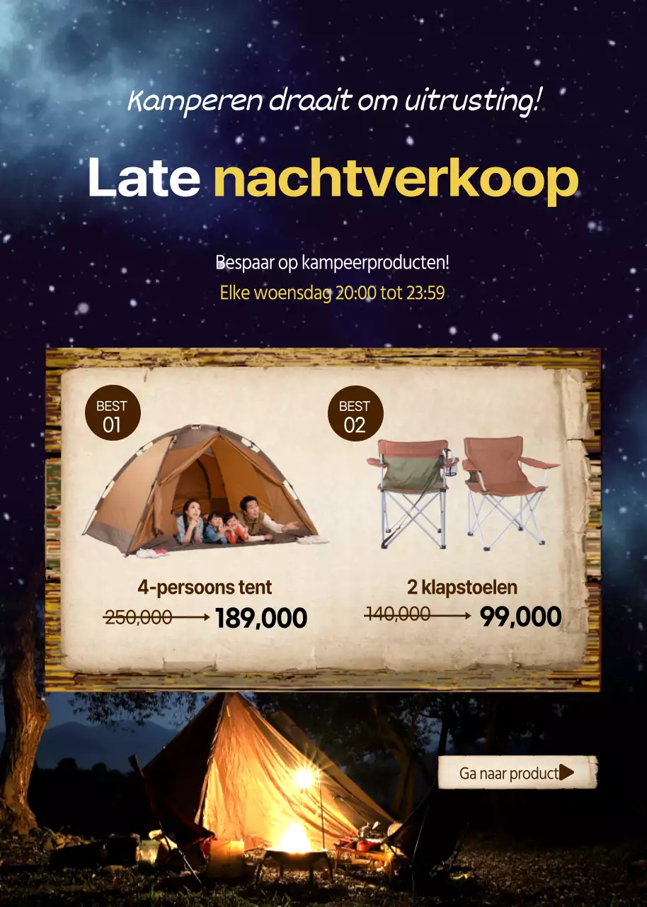 Nachtelijke uitverkoop van blauwe en bruine kampeerspullen