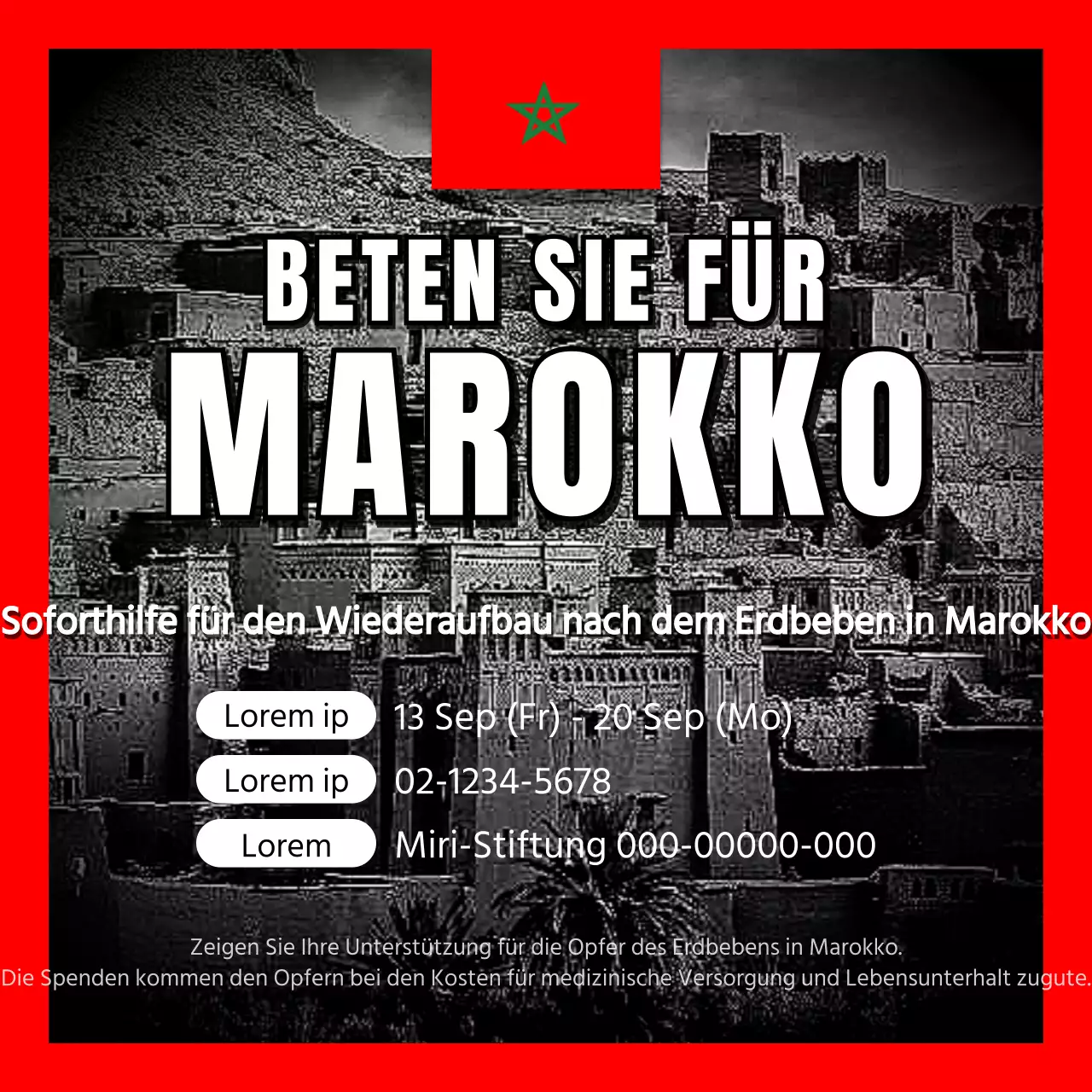 Mit einem einfachen schwarz-roten Farbschema für die Unterstützung der Erdbebenhilfe werben