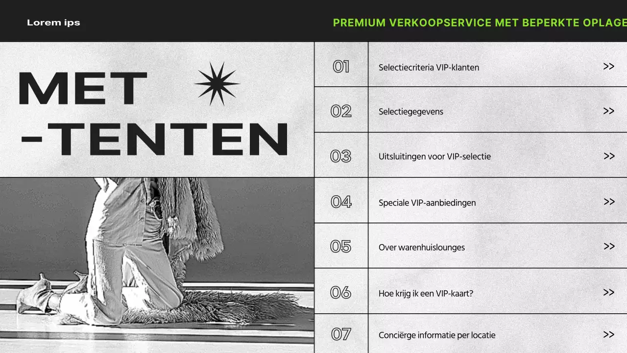 Presentatie VIP-voordelen warenhuis in zwart-wit en limoengroen