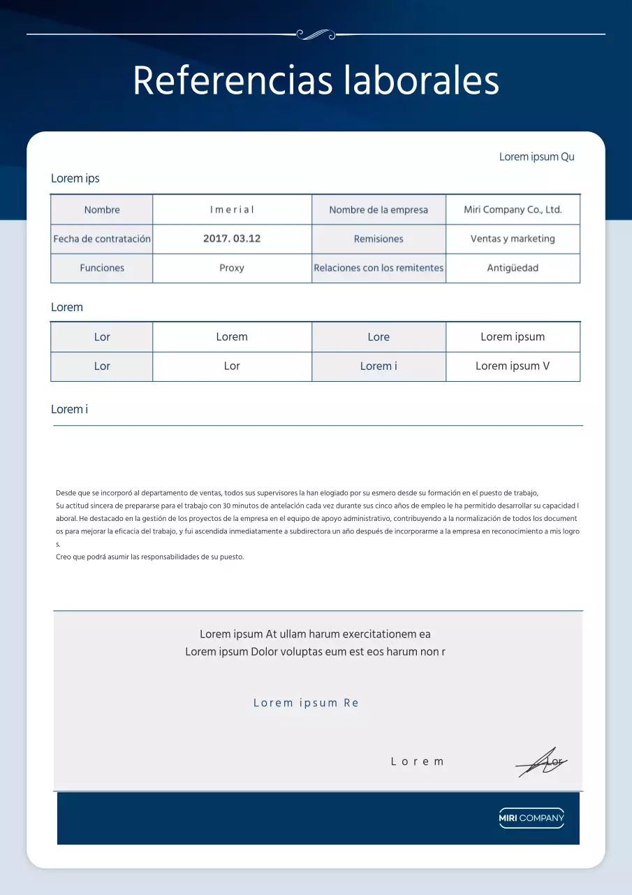 Carta de recomendación azul marino, limpia y ordenada