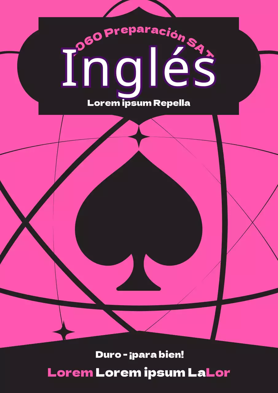 Prueba práctica de inglés con puntos en forma de pala rosa y negra