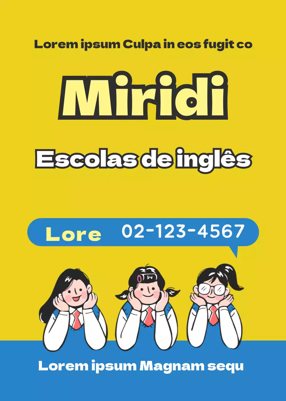 Ilustração de personagem azul amarela Promoção de escola inglesa