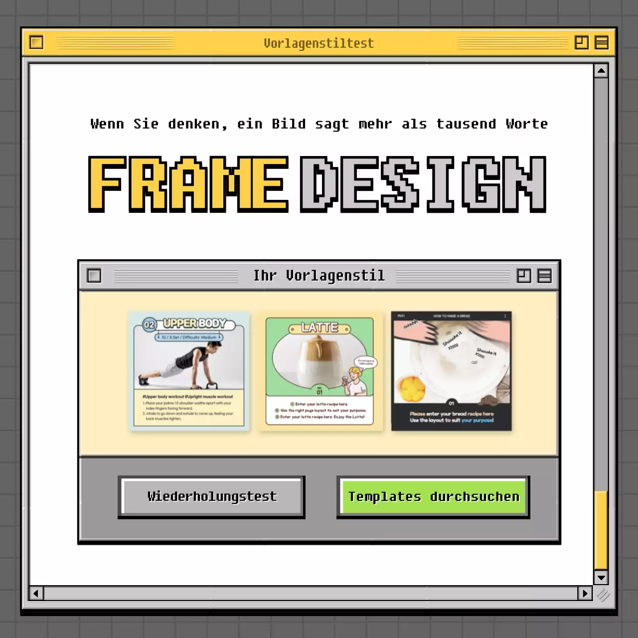 Retro-Browser-Konzept Psychologie-Test in Grau und Grün