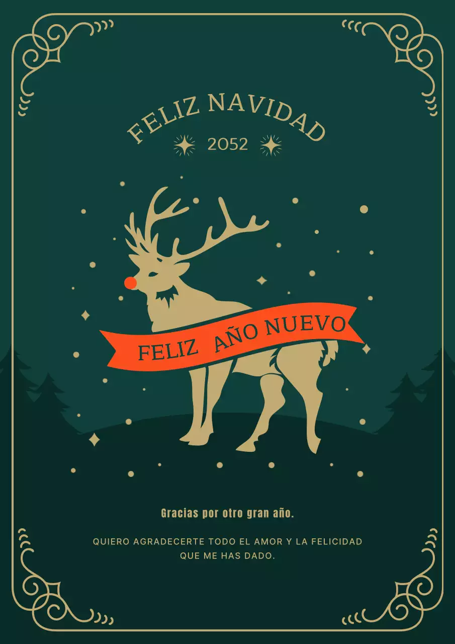 Tarjeta con mensaje navideño en verde y dorado