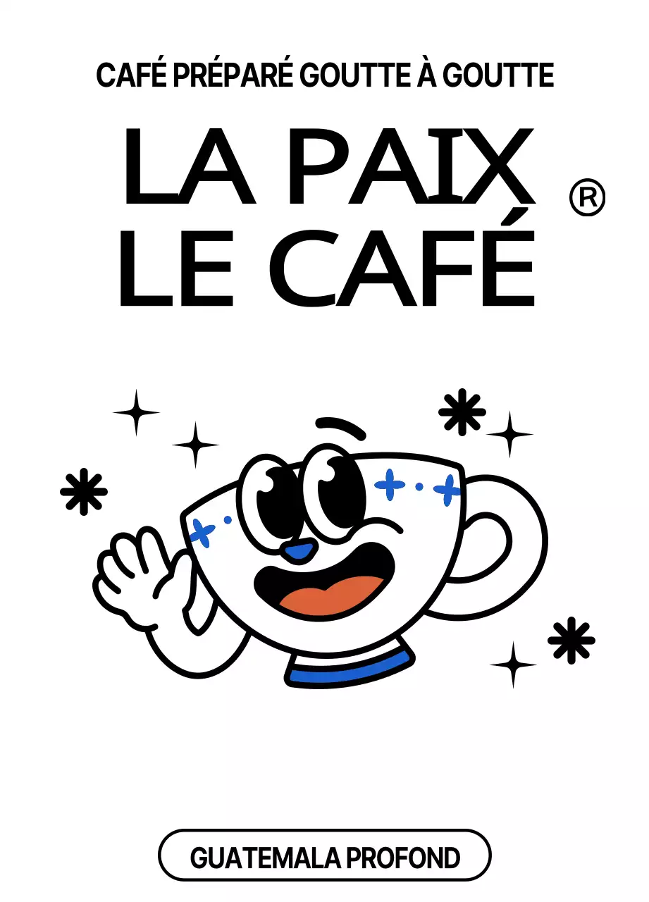 Illustrations de personnages avec des grains de café et une tasse de café bleue et rouge.