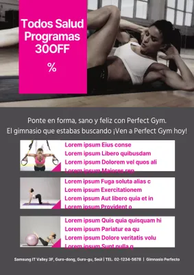 Folleto de promoción de un programa de gimnasia en gris y rosa