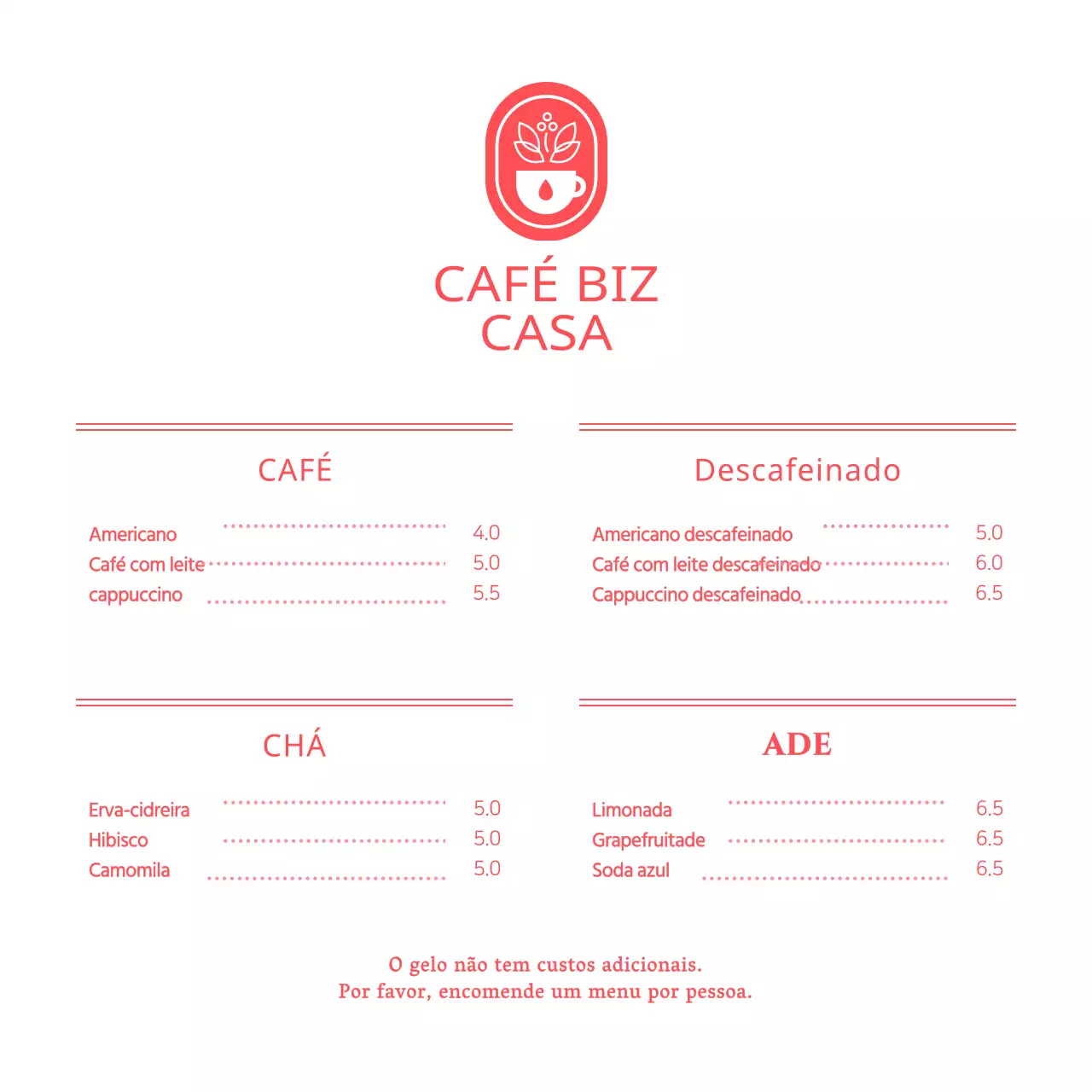 Preços das ementas para um conceito simples de café vermelho e branco