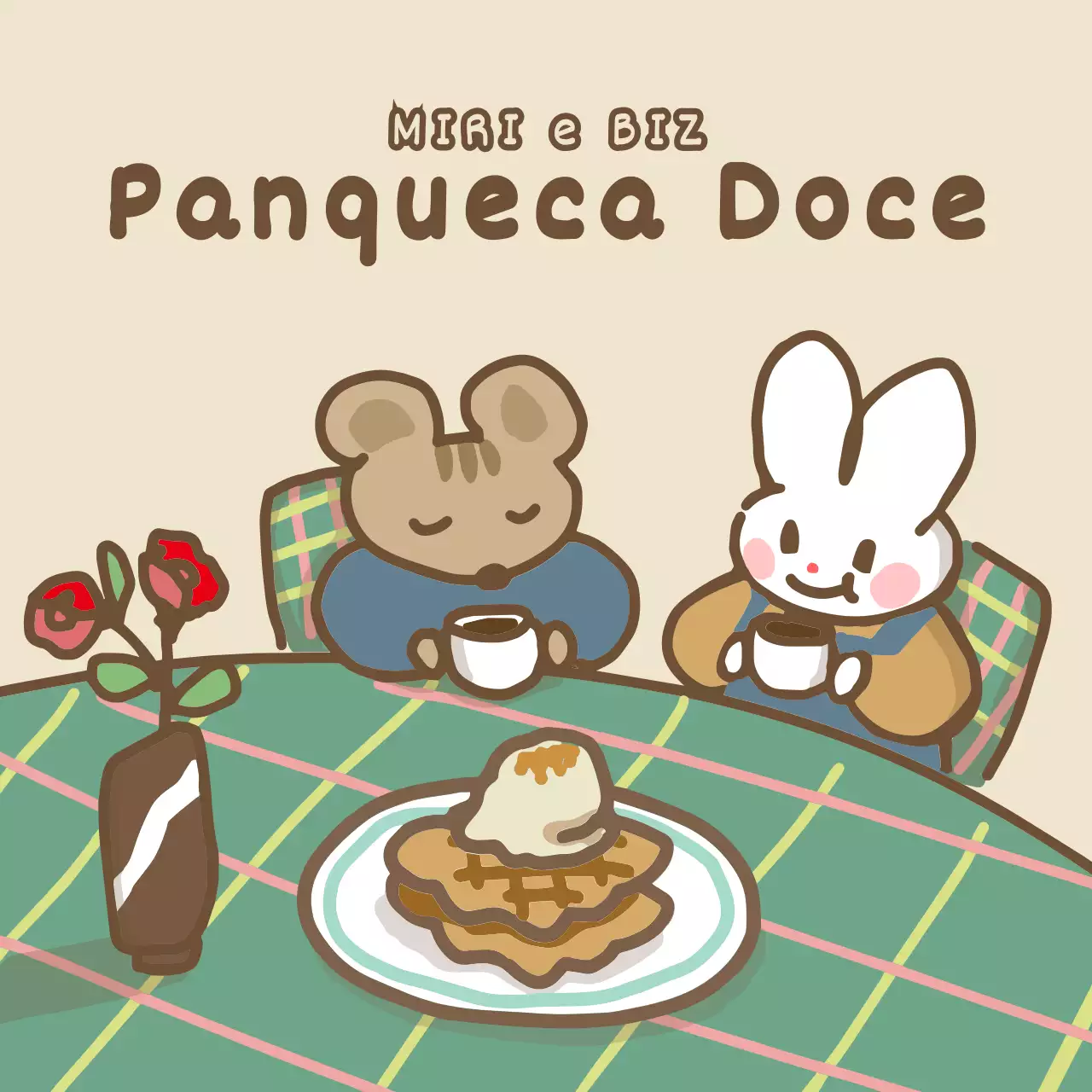 Conceito de ilustração da hora do chá de um esquilo e de um coelhinho giros em amarelo claro e castanho.