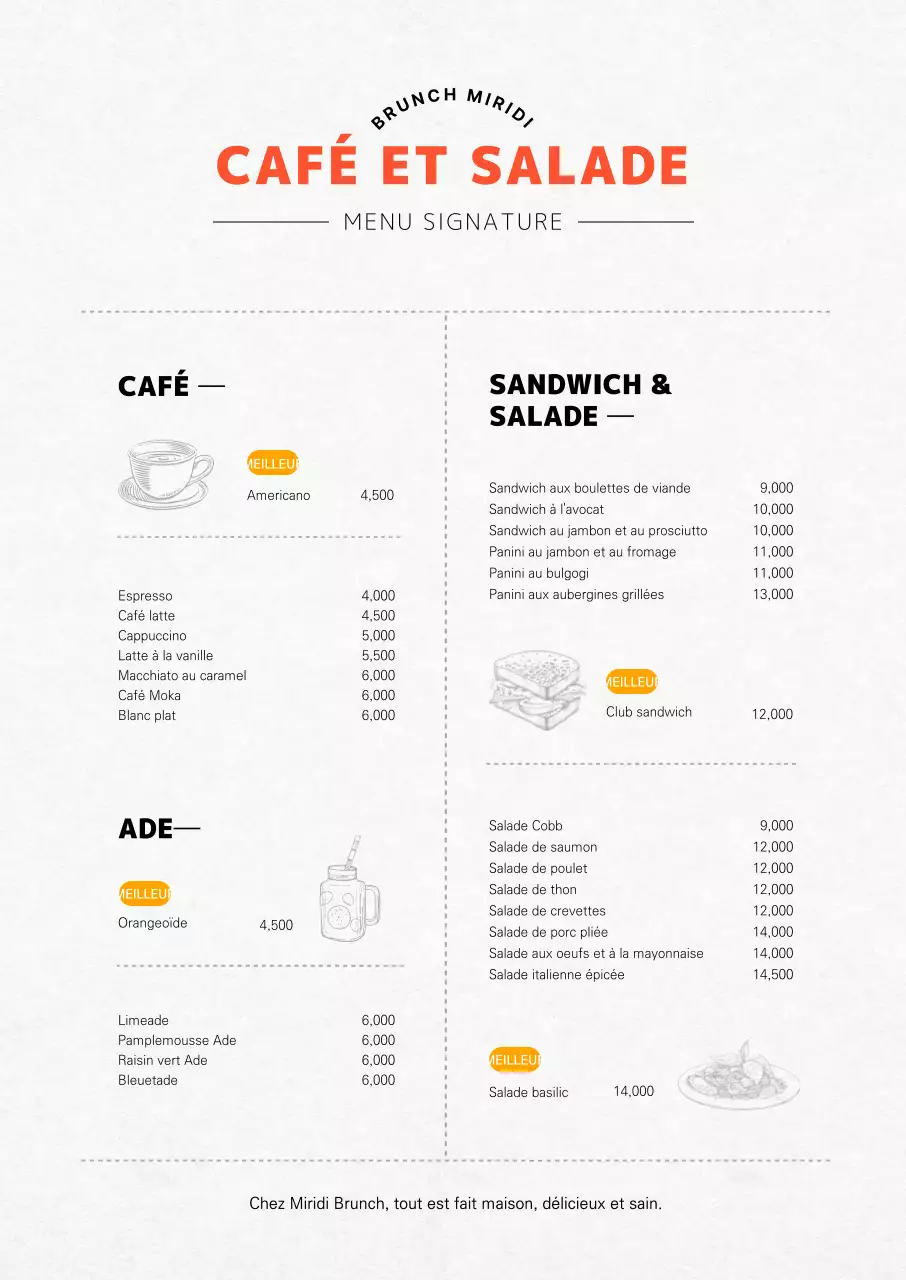 Panneau de menu vertical de café brunch en orange avec illustrations