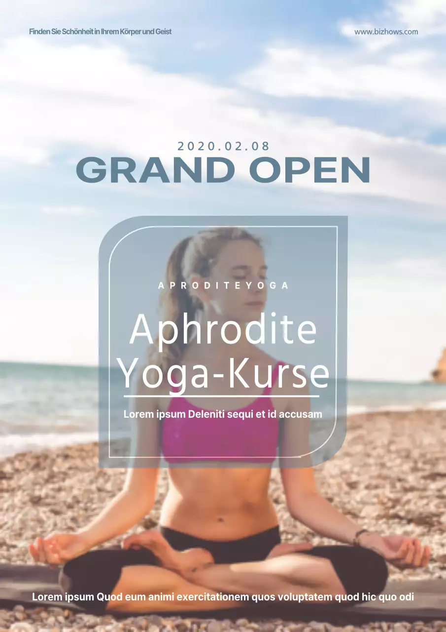 Bewerben Sie eine Veranstaltung zur Eröffnung einer Yogaschule mit einem Foto einer Frau, die Yoga in Blau macht.