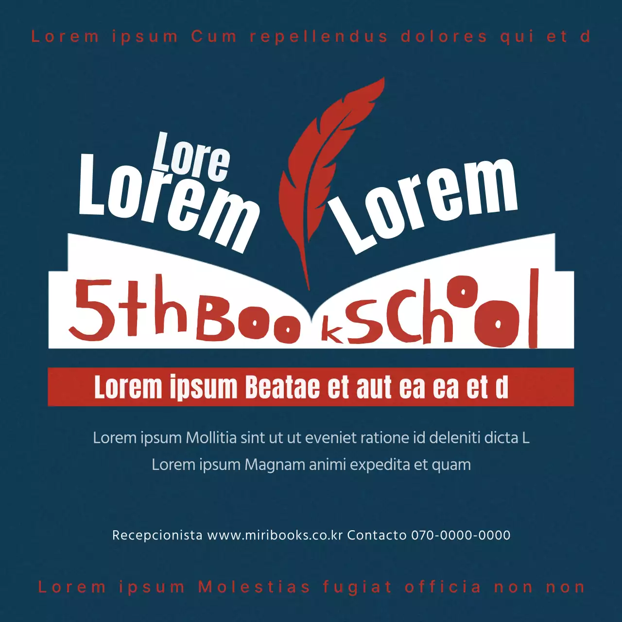 Promoción editorial escolar en azul marino-rojo con aire vintage