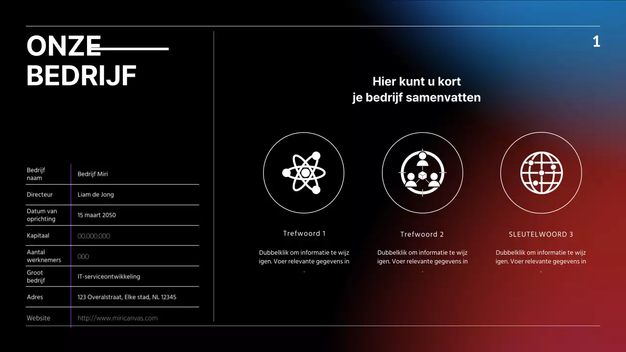 IR presentatie met zwart, blauw en rood kleurverloop bedrijfsconcept