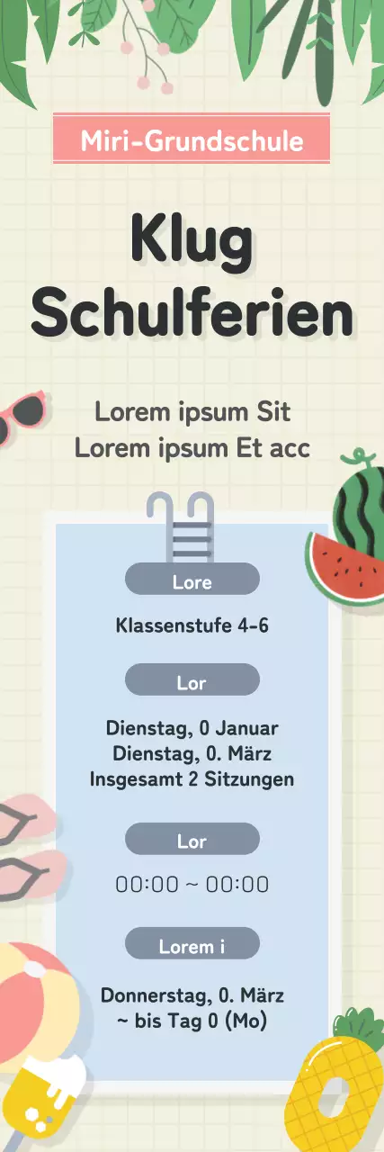 Einführung in eine Schulveranstaltung mit sommerlicher Poolatmosphäre in Gelb und Hellblau