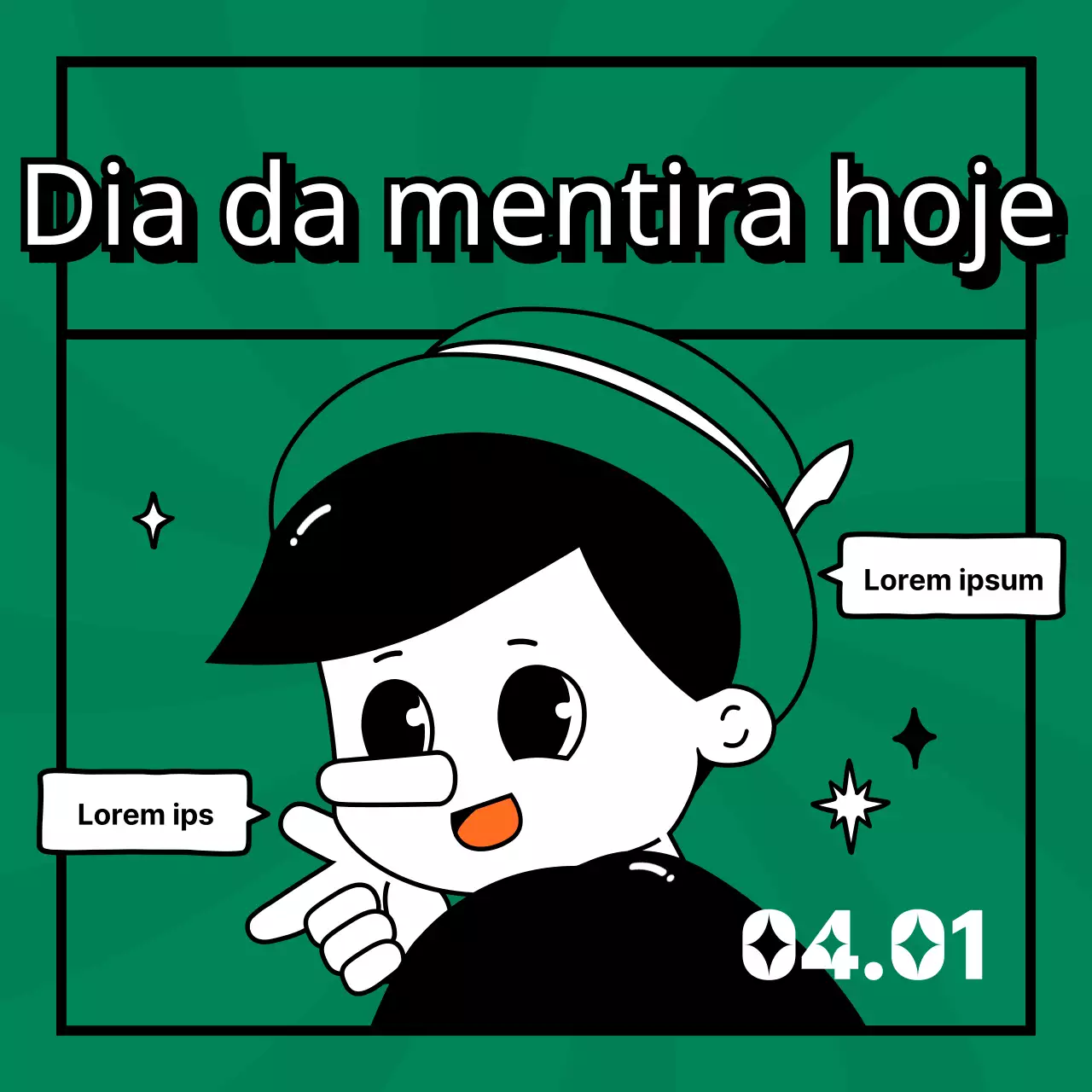 O Dia da Mentira é TMI numa ilustração simples, divertida e plana do Pinóquio em verde e laranja.