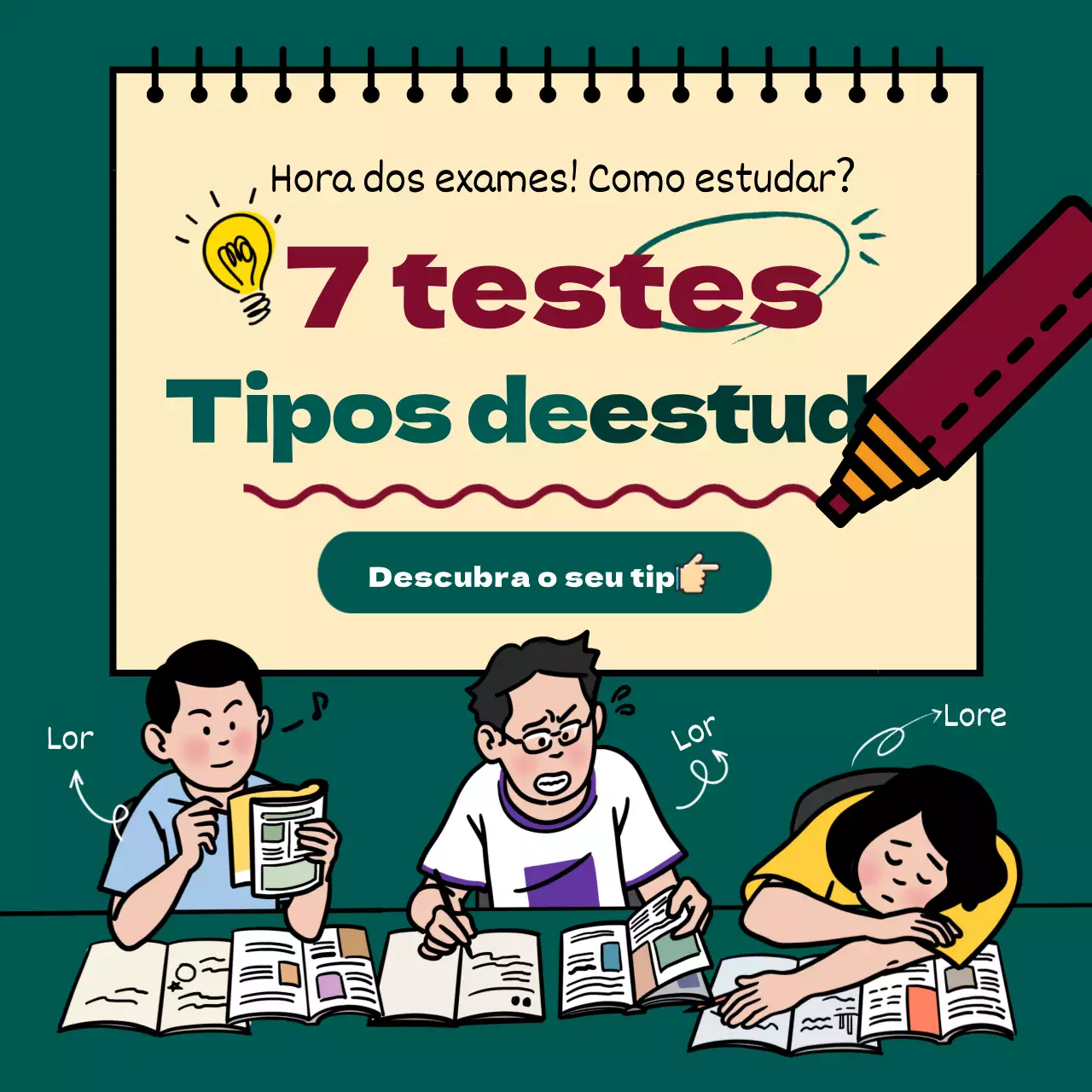 Tipo de estudo de período de exame com borda verde e preta ilustração feed de notícias do Instagram