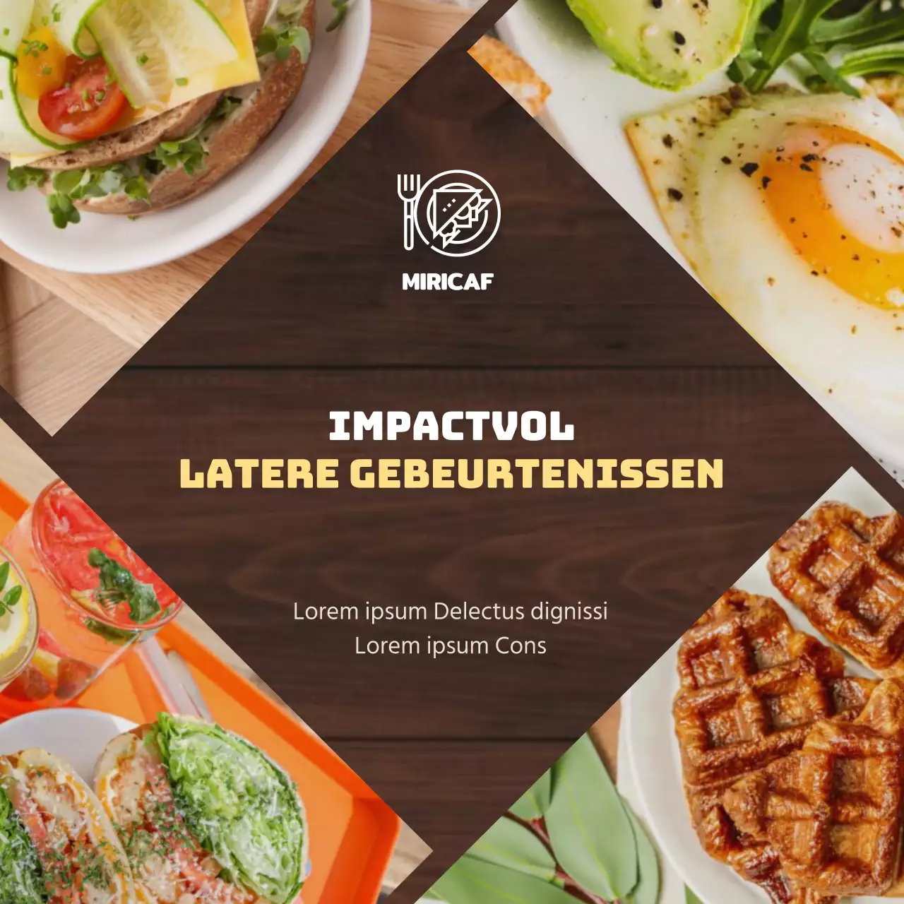 Een modern brunchcafé in bruin en geel om je evenement te herzien en promoten
