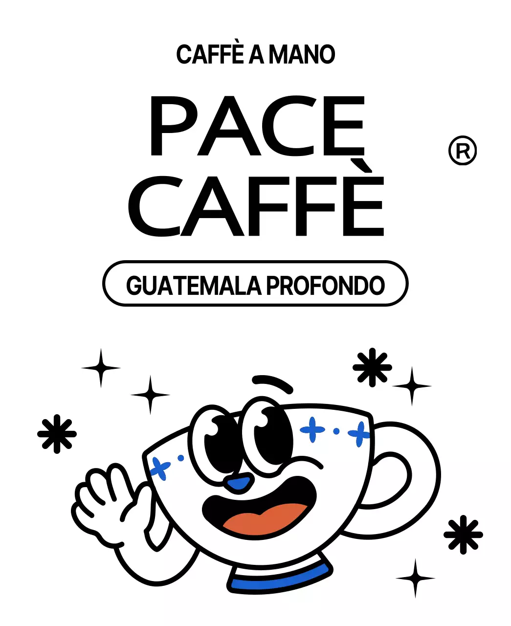 Chicchi di caffè design carino con illustrazioni di carattere tazza di caffè blu e rosso