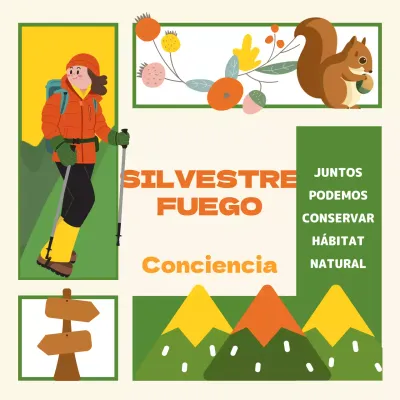 Una bonita campaña de prevención de incendios forestales ilustrada en verde y amarillo