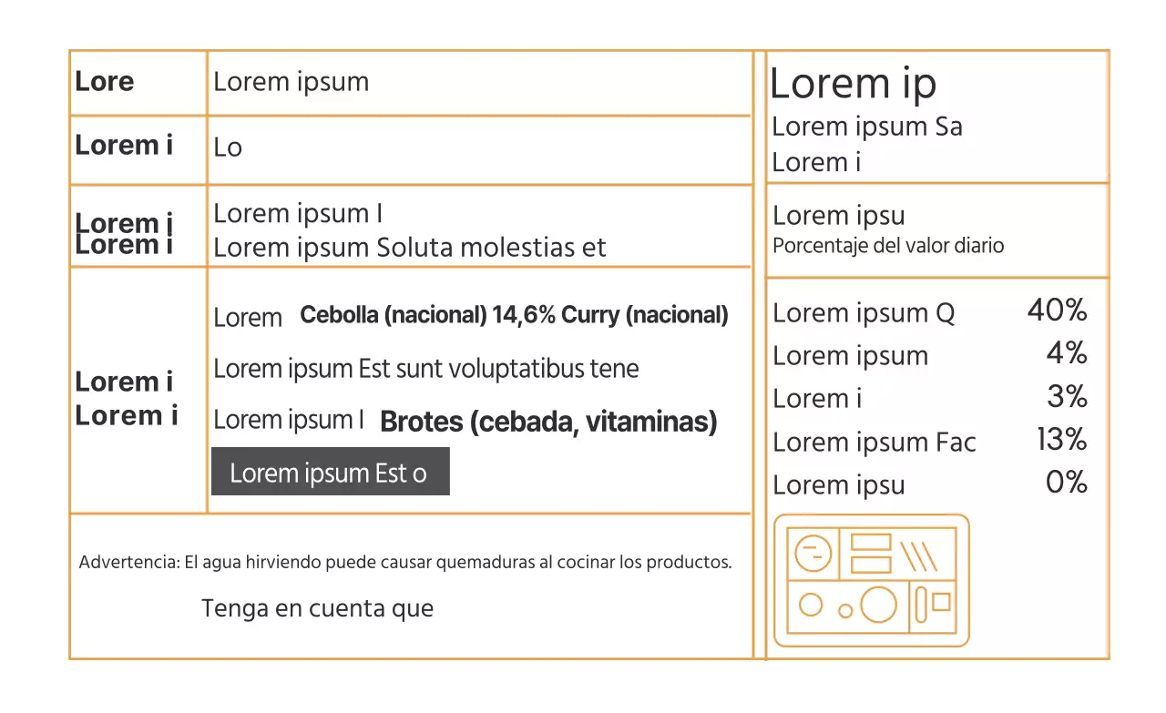 Etiqueta con detalle de curry con letras amarillas