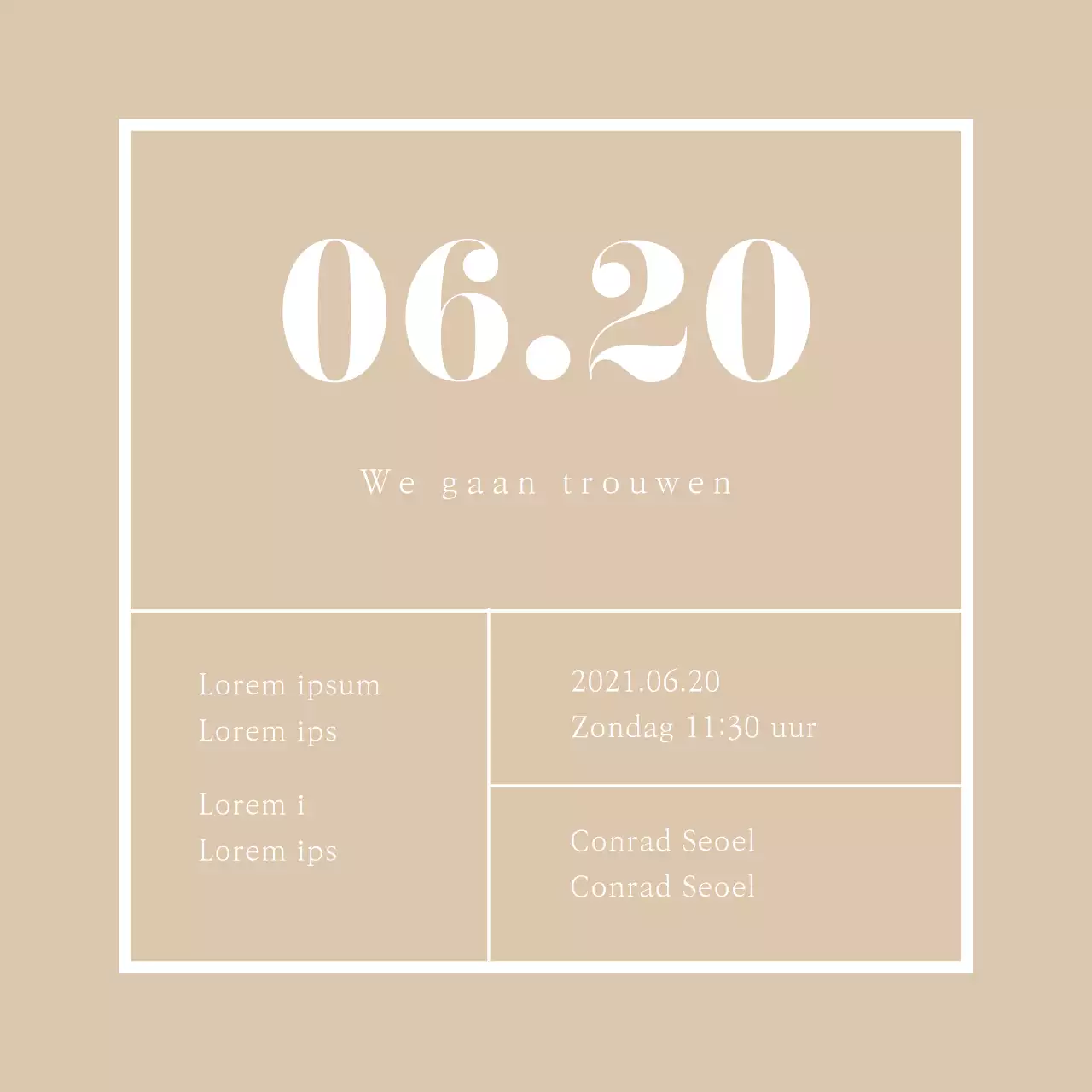 Vierkante trouwkaart met een strakke look in beige tinten