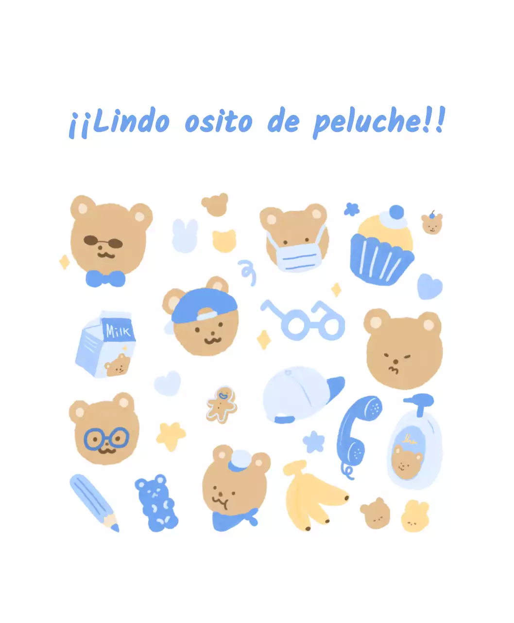 azul, blanco, lindo, peluche, oso, ilustración, personal, mercancía, leche, galleta, estrella, corazón, plátano, jalea, magdalena, sombrero, alfombrilla de ratón, lindo