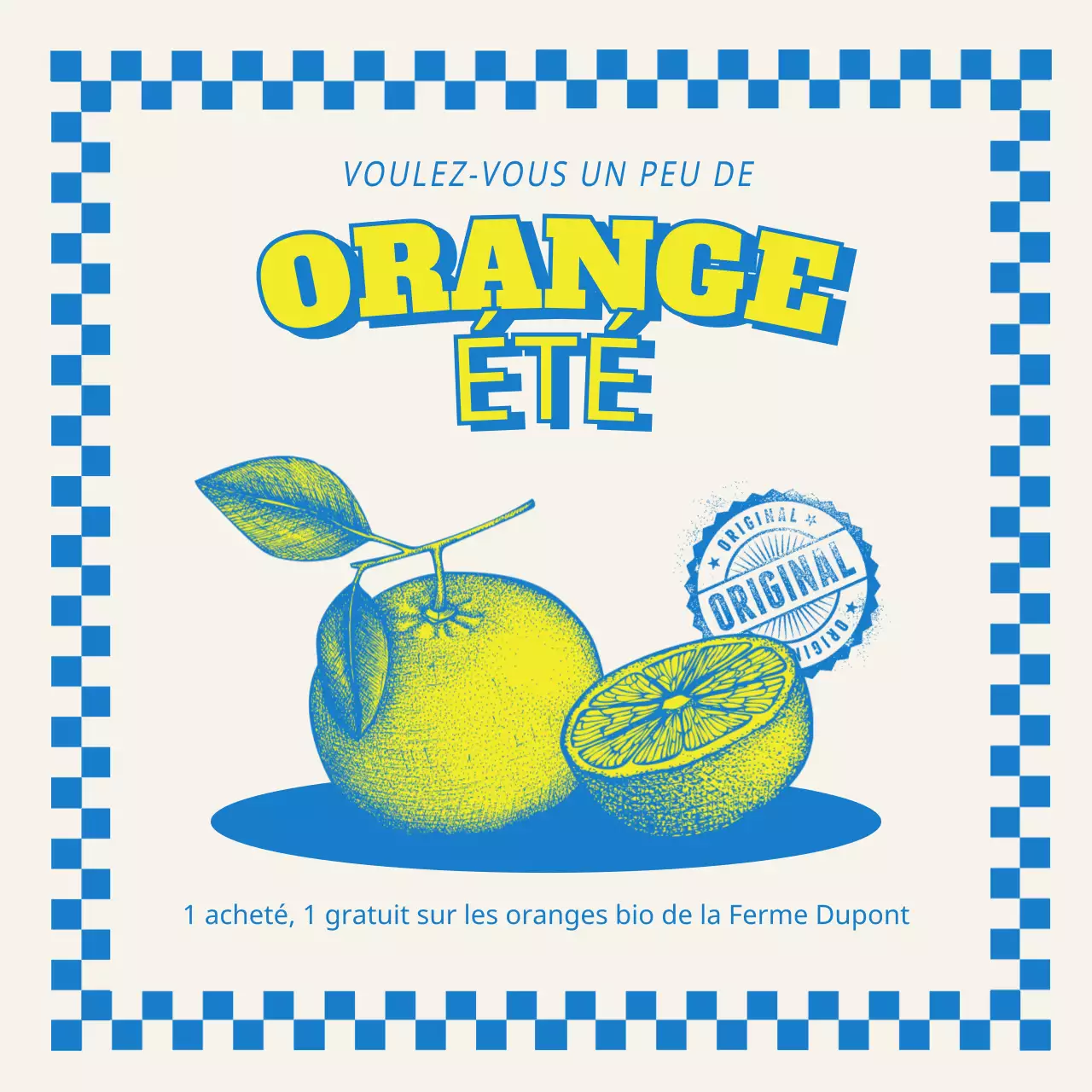 Un argumentaire de vente de fruits jaune-bleu d'inspiration vintage