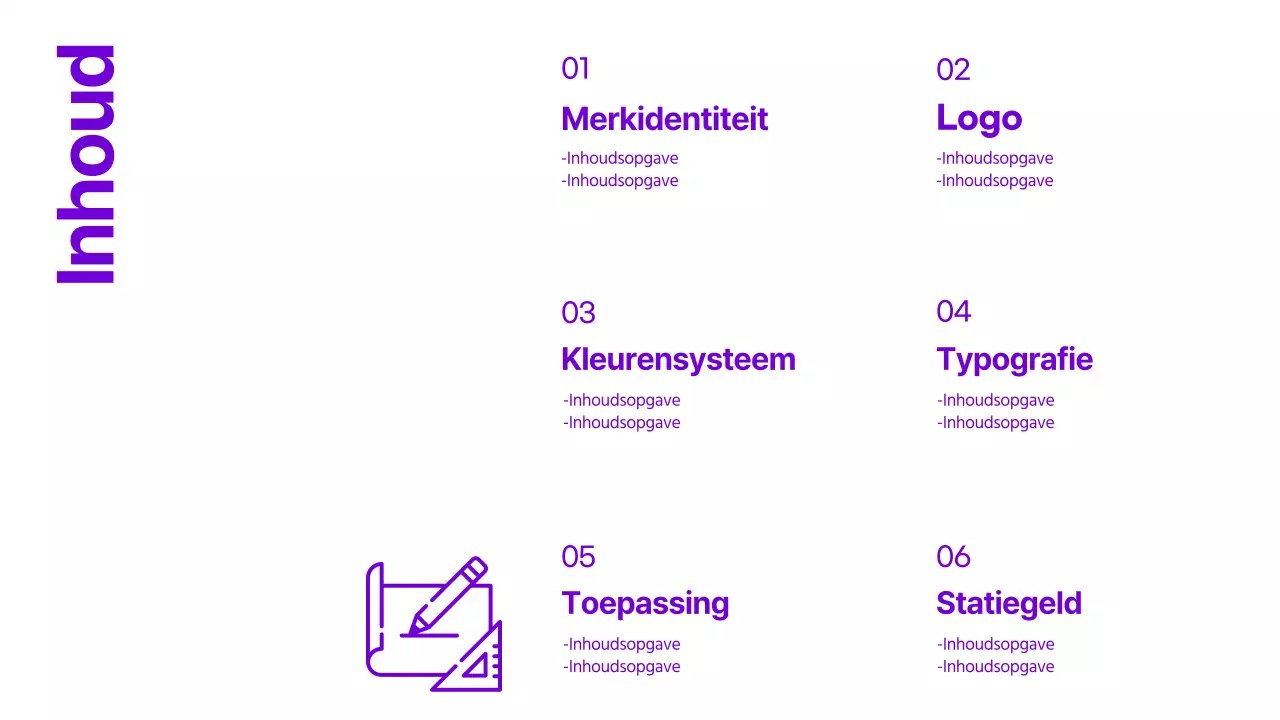Merkrichtlijnen met strakke tekstaccenten in paars en citroen