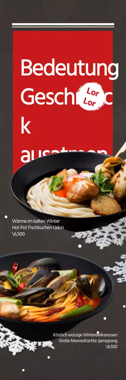 Bewerben Sie ein kaltes, winterliches, heißes Nudelgericht mit einer roten Schneekristallillustration