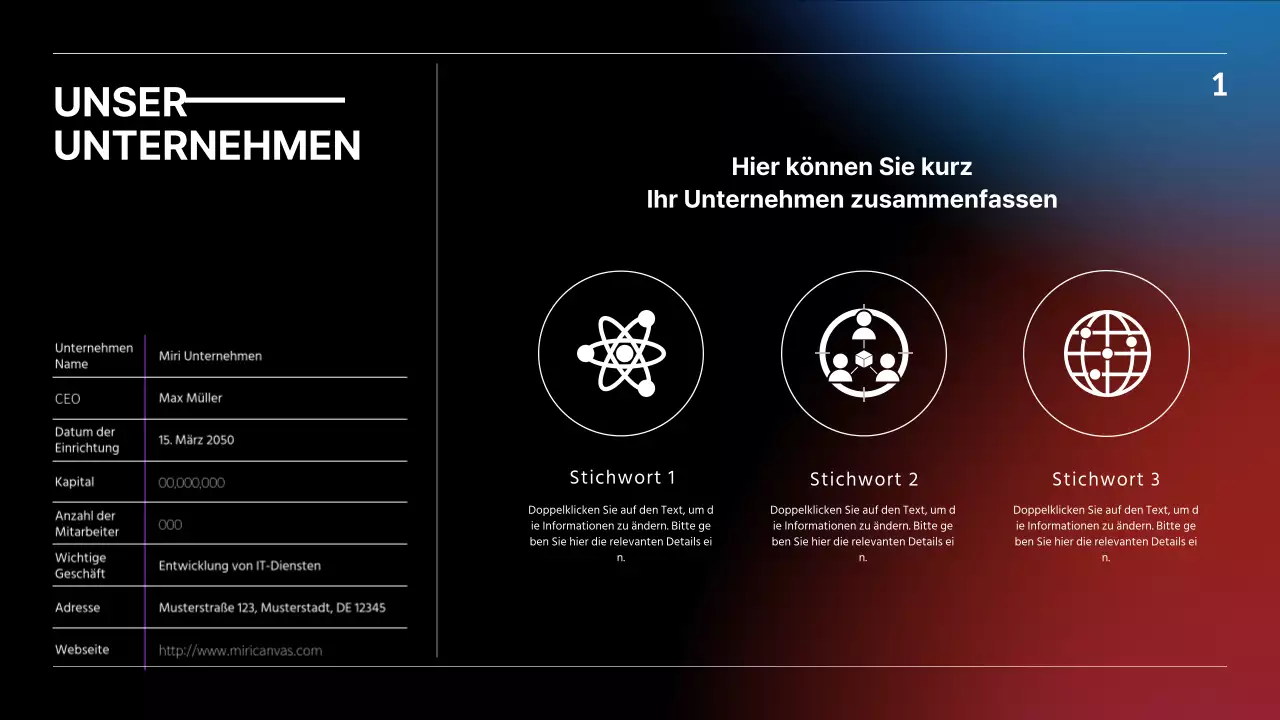 IR-Präsentation mit schwarzem, blauem und rotem Farbverlauf Geschäftskonzept