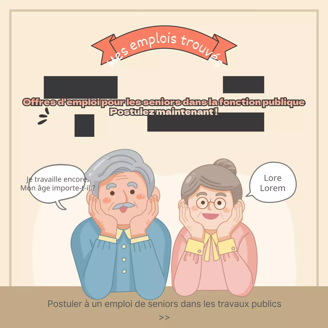 Beige illustration concept travail public personnes âgées emploi recrutement cardNews