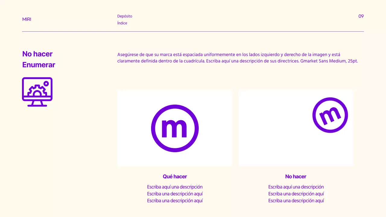 Directrices de la marca con acentos de texto limpio en morado y limón.