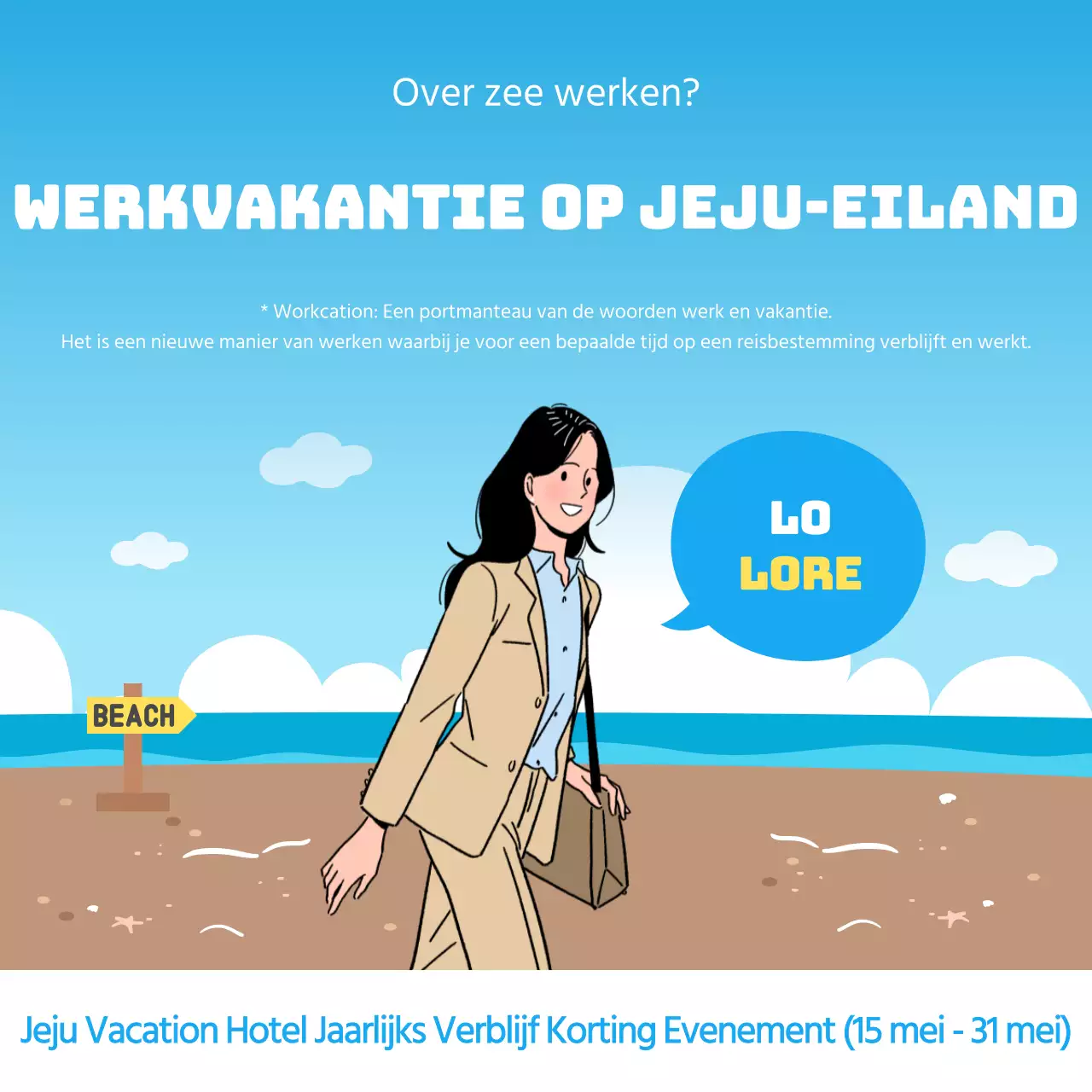 Verblijven met korting in Jeju Island's workcation hotel met een blauwe zee cartoon illustratie concept