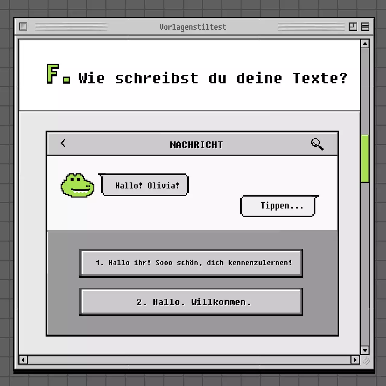Retro-Browser-Konzept Psychologie-Test in Grau und Grün