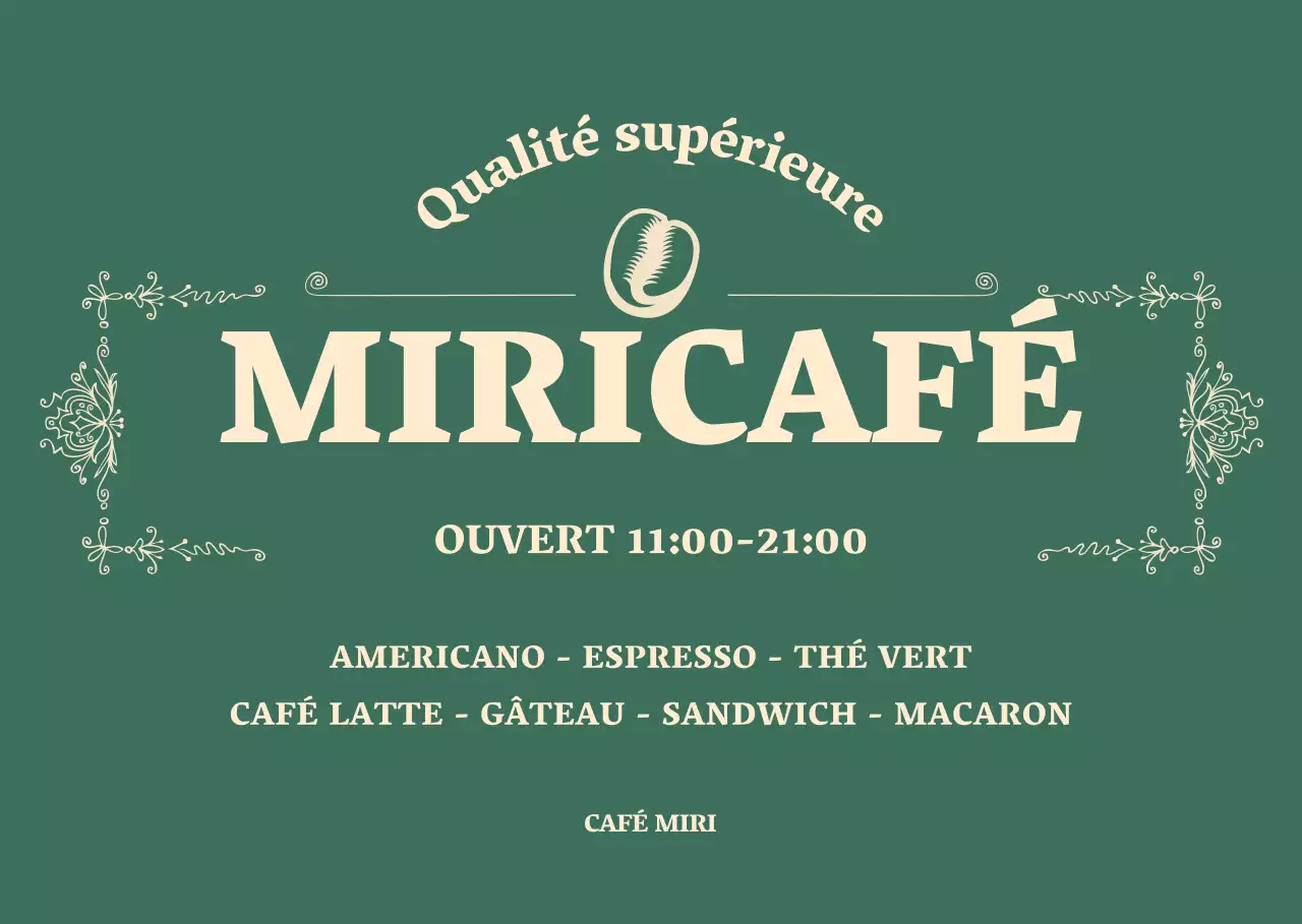 Horaires d'ouverture de ce café à cadre vert et jaune haut de gamme