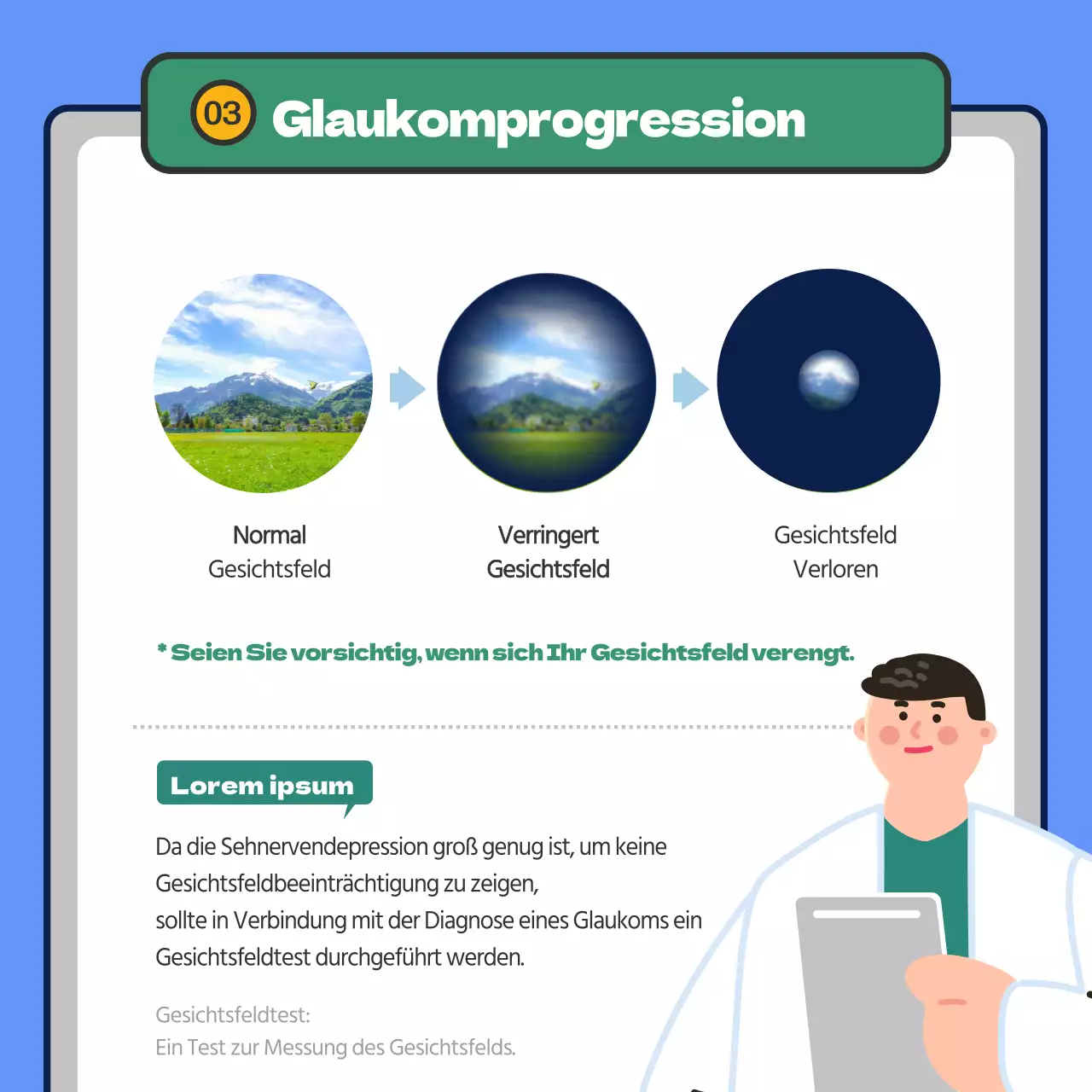 Bietet Glaukom-Informationen in blau hervorgehobenem Text