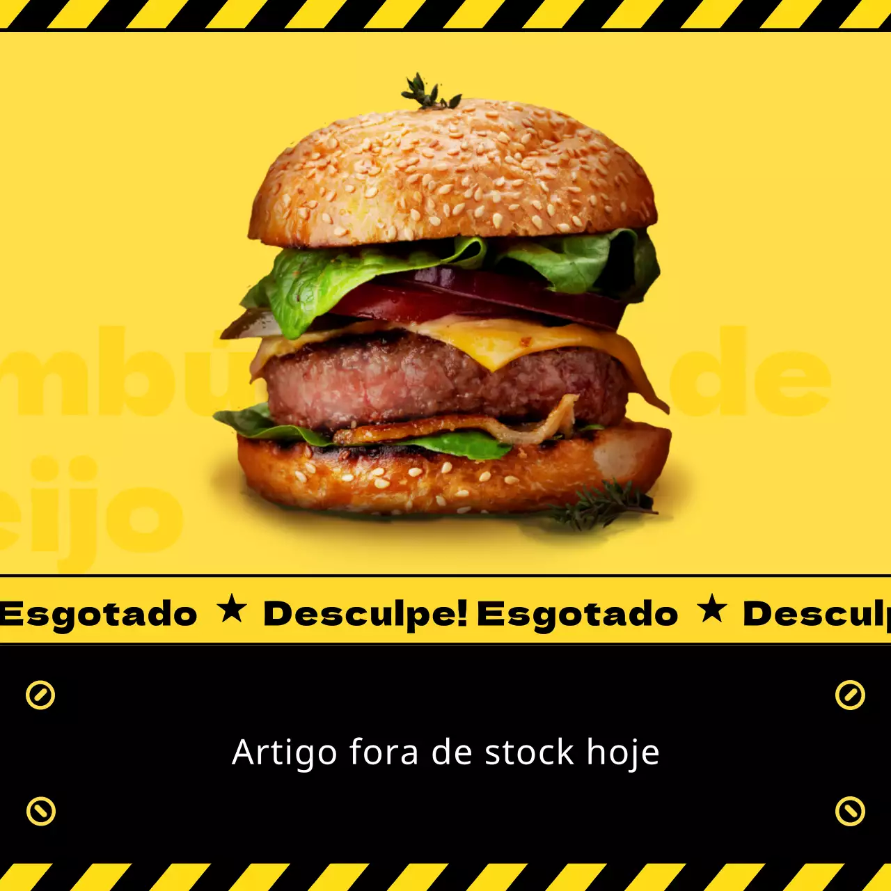 O menu de hambúrgueres do conceito de linha de proibição amarelo-preto está esgotado