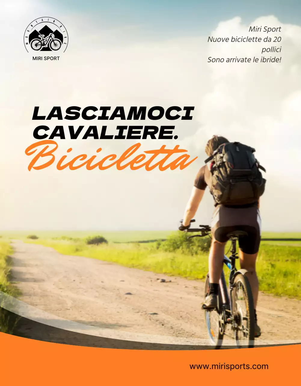 Promuovete la bicicletta ibrida Mirisport, brillante, audace e attiva, nei colori arancione e nero.