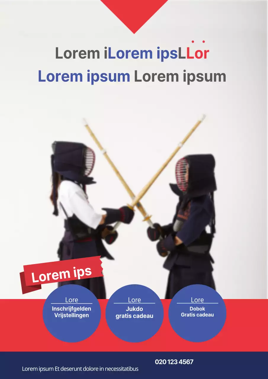 Promotiemateriaal voor een kendo school met een foto van een kind dat kendo doet in blauw en rood.