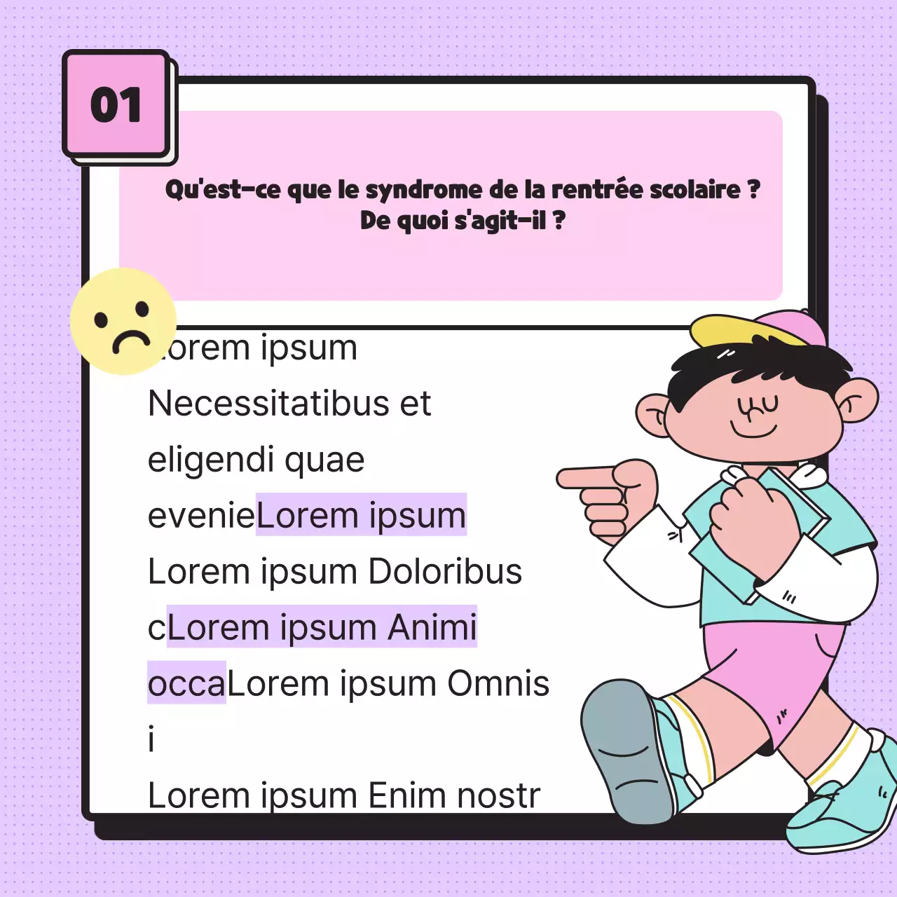 Fournir des informations sur le syndrome du nouveau semestre à l'aide d'illustrations simples aux tons pastel et d'émoticônes.