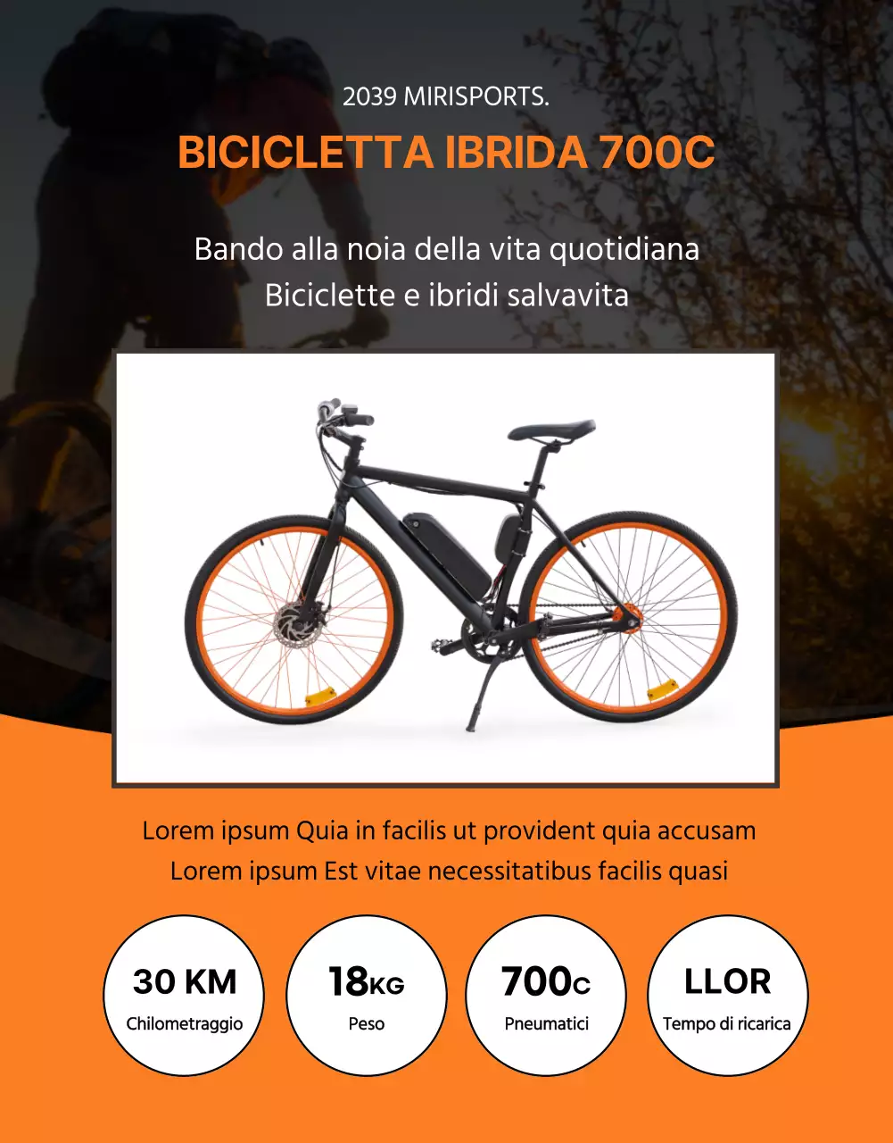 Promuovete la bicicletta ibrida Mirisport, brillante, audace e attiva, nei colori arancione e nero.