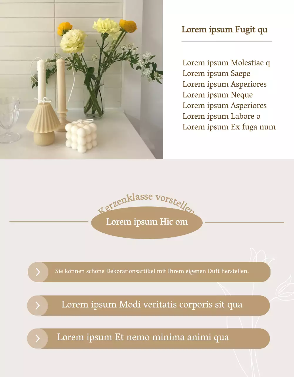 Luxuriöse Kerzen in Beige und Braun zur Förderung eines Online-Kurses