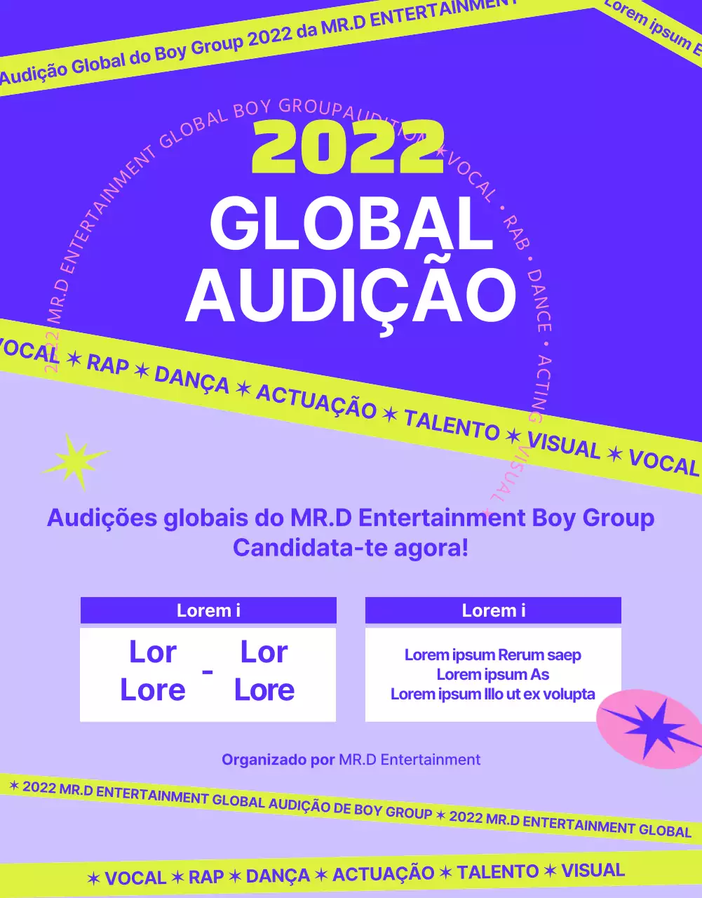Anúncio de audição para um conceito casual em roxo e verde lima.