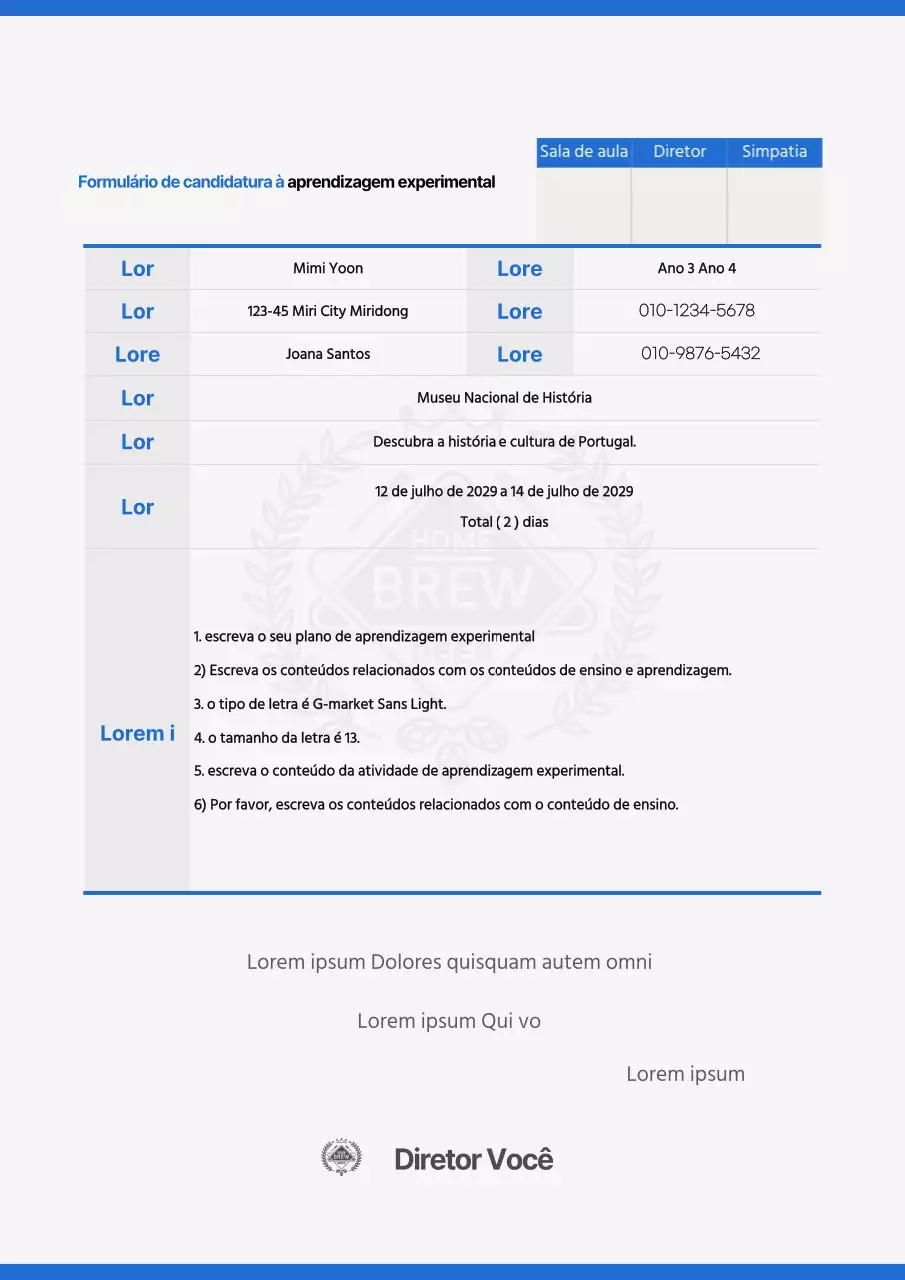 Design simples de formulário de candidatura à aprendizagem experimental a azul e branco