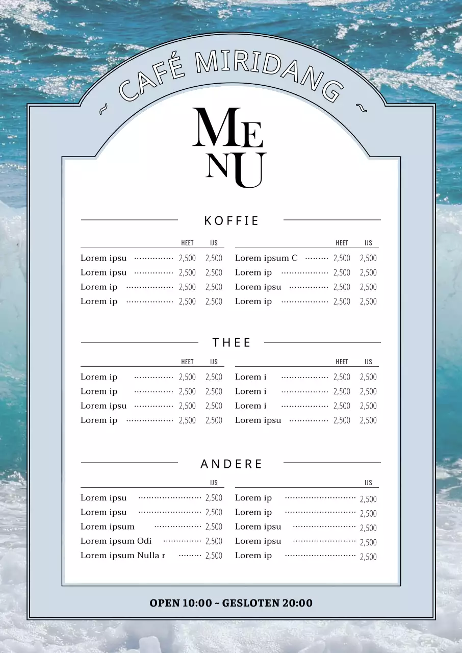 Een sentimenteel cafémenu met een blauwe oceaan op de achtergrond