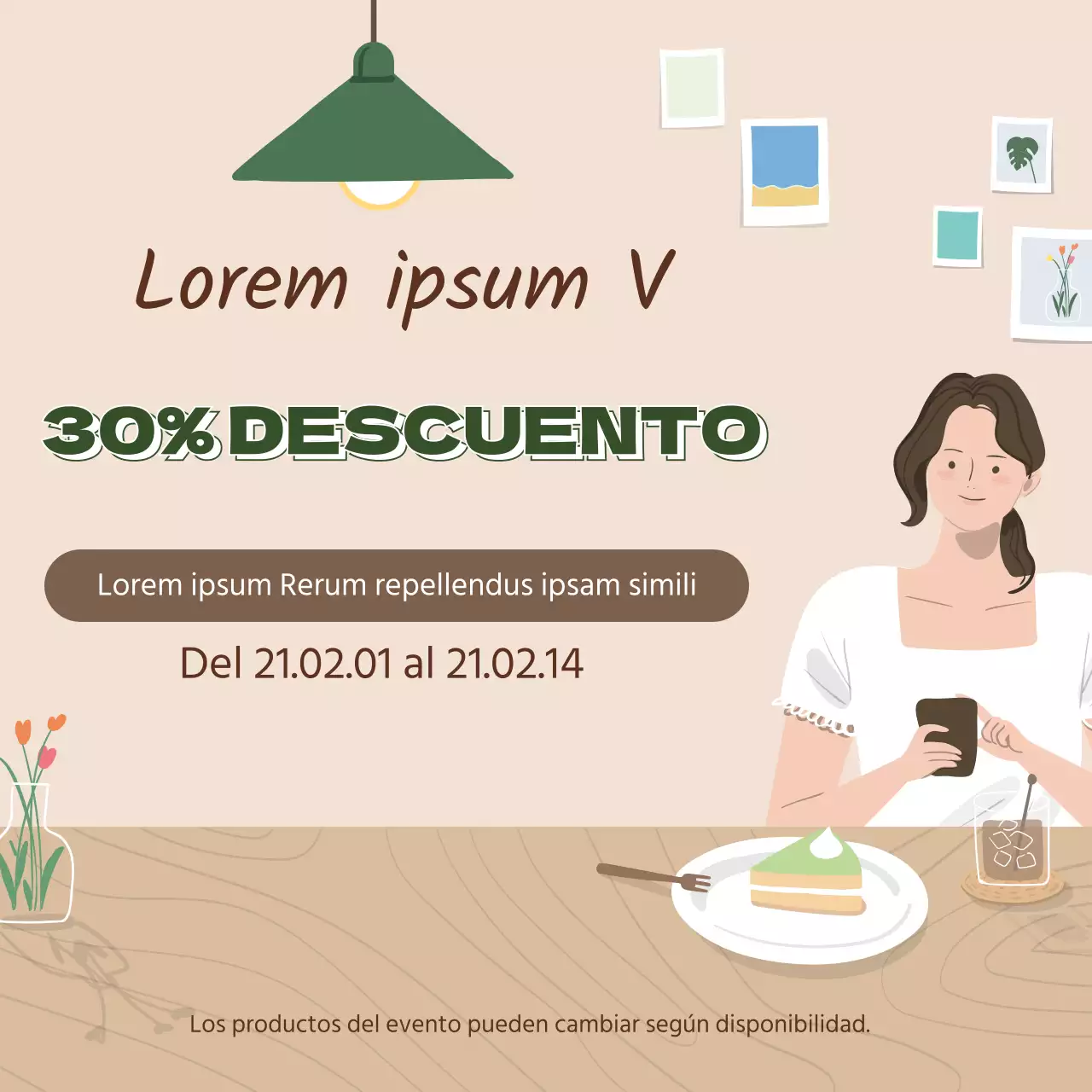 verde beige ilustración interior moderno hogar cafetería evento promoción