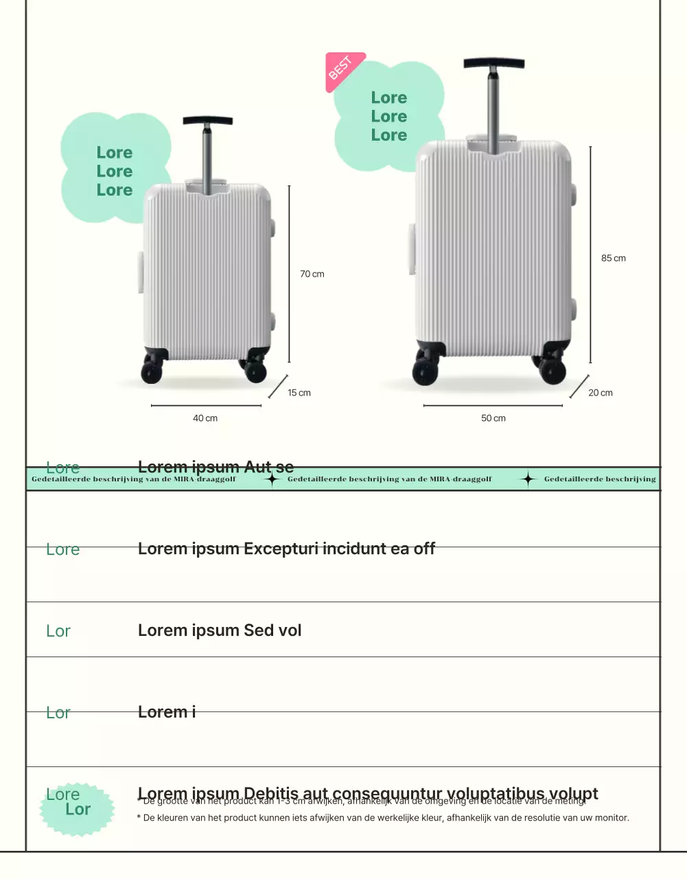 Promoot vakantiebagage met muntachtige, eenvoudige lijnen